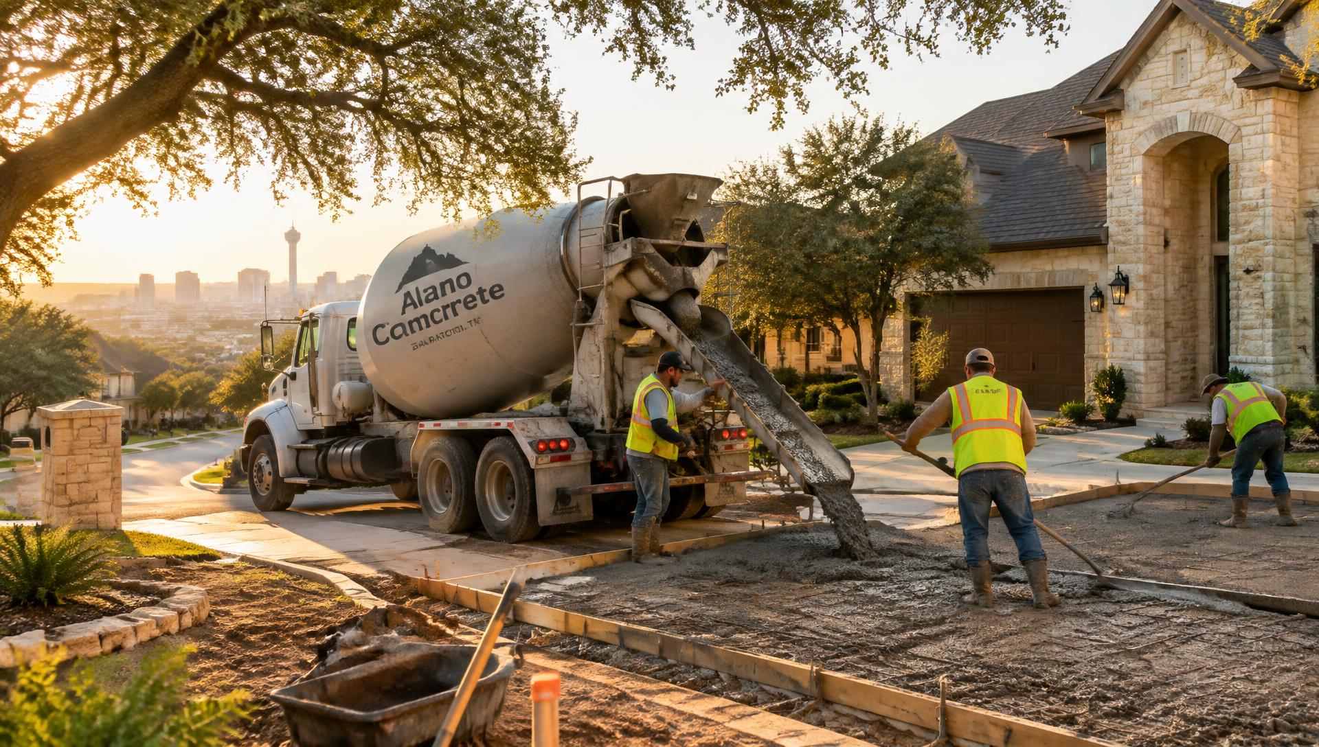Mixer truck pouring a driveway in a San Antonio neighborhood